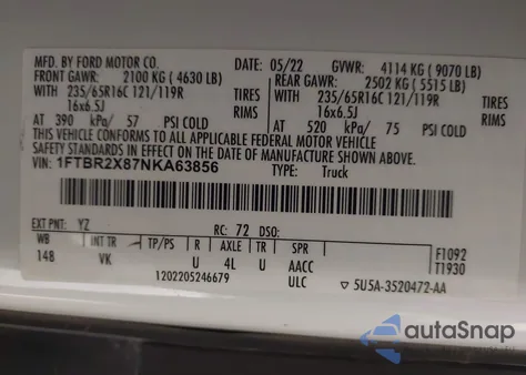 2022 Ford Transit-250 из США, поврежденный, VIN 1FTBR2X87NKA63856